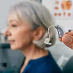 Close-up of hearing aid near senior patient's ear at audiology clinic